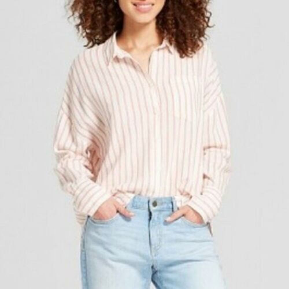 A New Day Red Striped Hi-Low Button Down Shirt  M